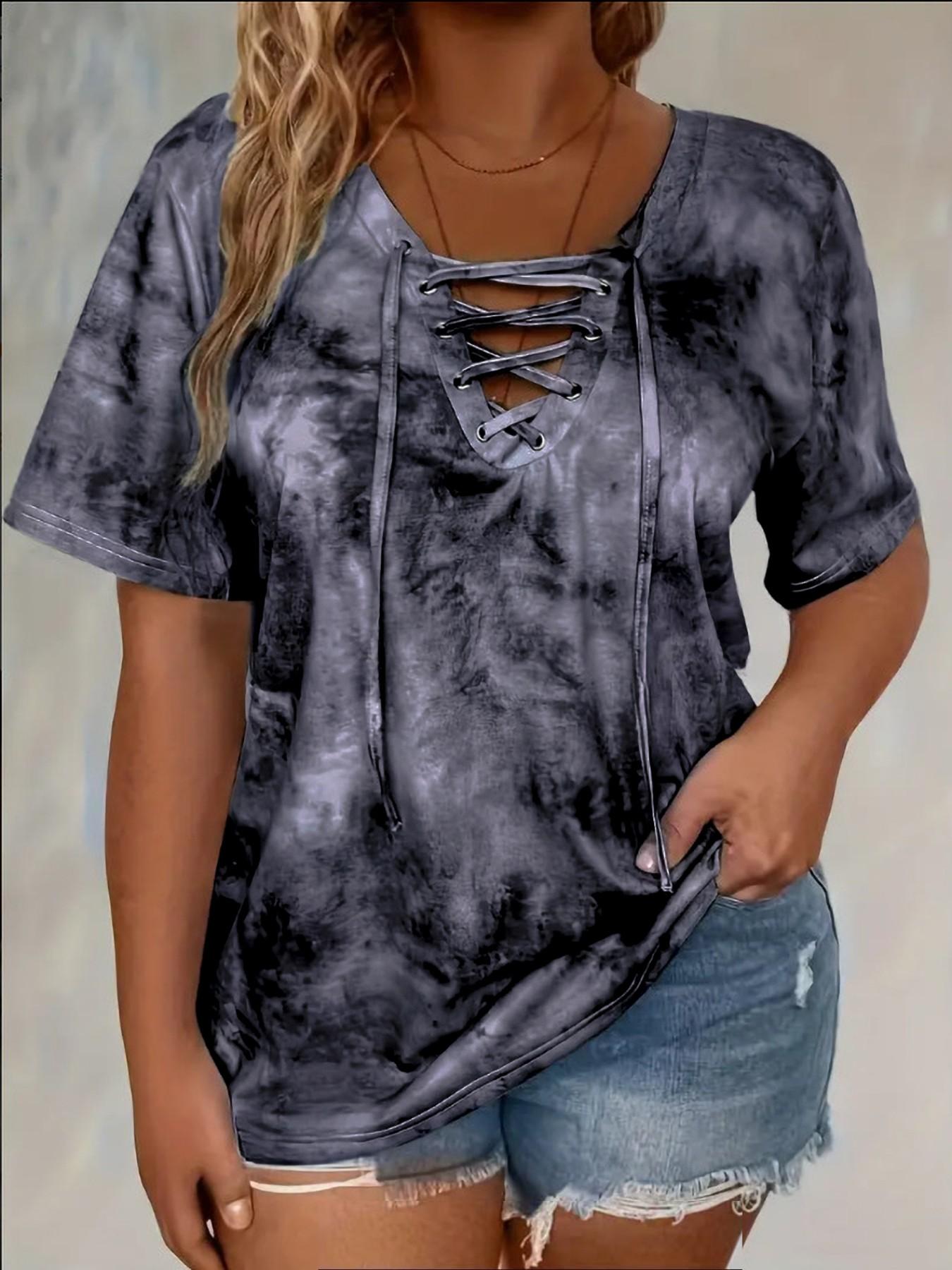 Women's Plus Size Tie Front V-Neck T-Shirt, Casual Stylish Tee, Casual Pattern Fitted Top, Comfortable Stretch Fabric Womenswear, Perfect for Daily Wear & Gifts, Everyday, Casual Streetwear Top, Casual Streetwear Look Women's Plus Size Tie Front V-Neck T-Shirt, Casual Stylish Tee, Casual Pattern Fitted Top, Comfortable Stretch Fabric Womenswear, Perfect for Daily Wear & Gifts, Everyday, Casual Streetwear Top, Casual Streetwear Look