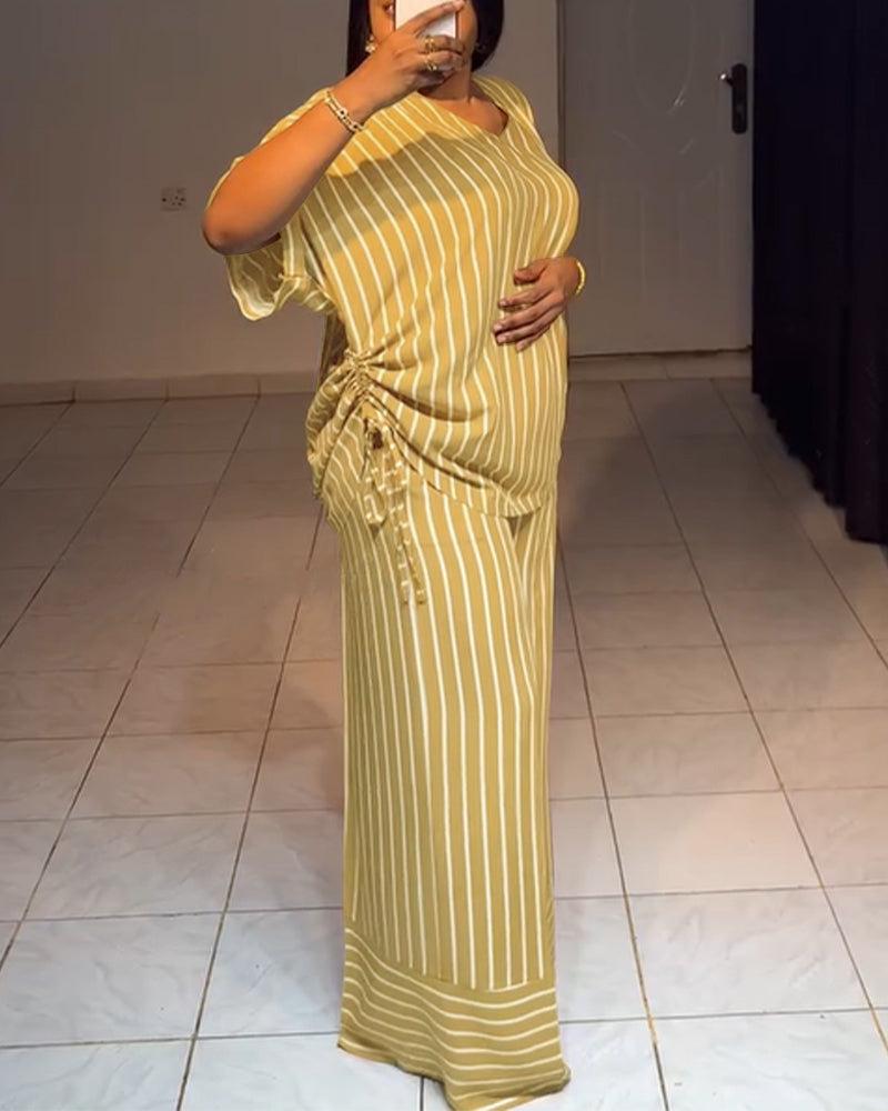 Summer new striped loose fashion casual women's V-neck thin and drape wide-leg pants suit Summer new striped loose fashion casual women's V-neck thin and drape wide-leg pants suit