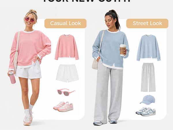 Fisoew Women's Fake Two Piece Layered Sweatshirt Air Layer Fabric Hoodie Crew Neck White Ribbed Cuff & Hem Patchwork Drop Shoulder Oversized Long Sleeve Pullover Top Hoodie Fit Casual,back to school,back to school shopping