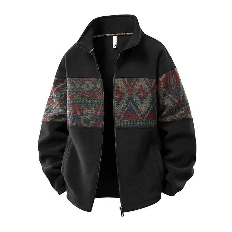 Men's Fleece-Lined Knit Jacket with Ethnic-Style Pattern and Full-Zip Closure