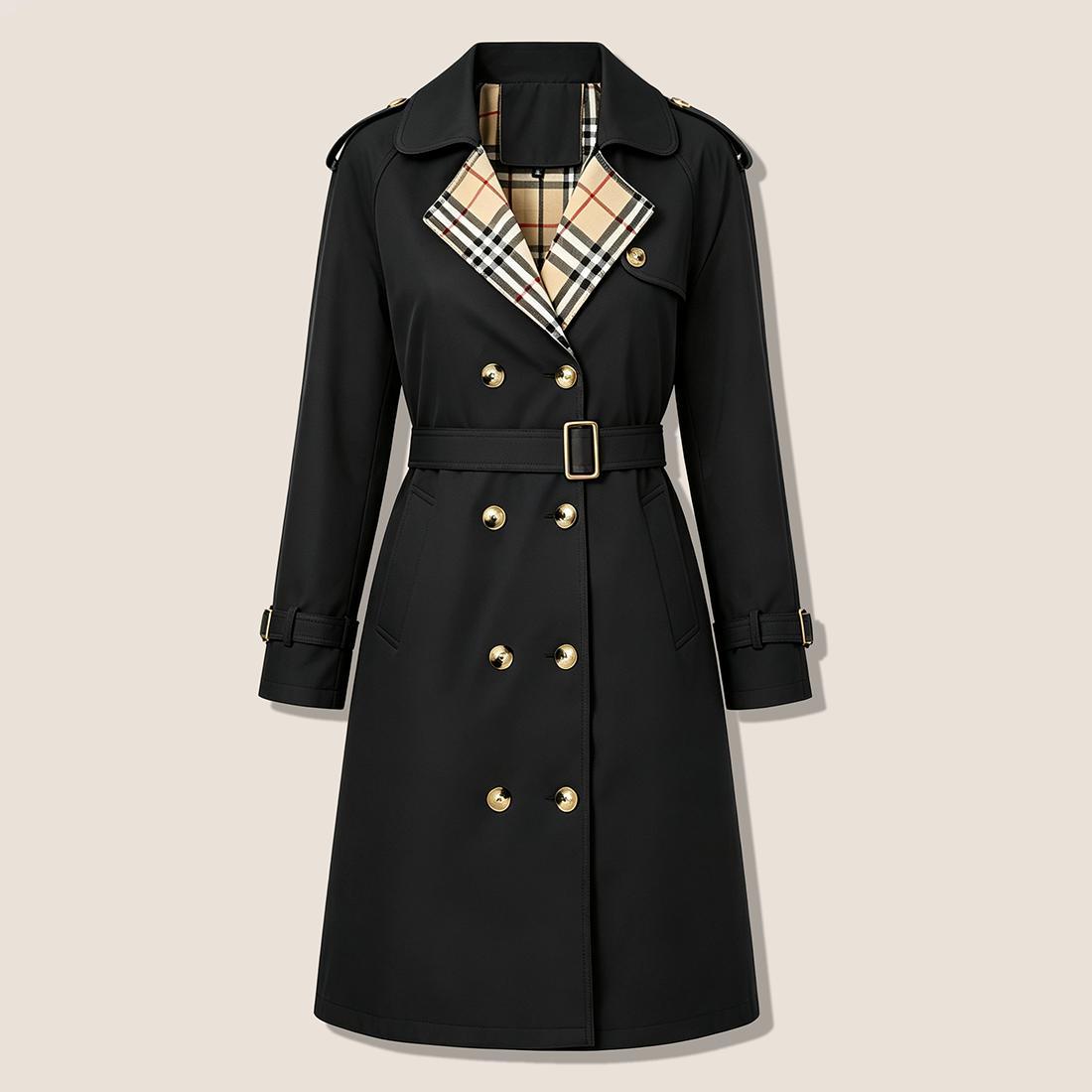 Women&rsquo;s fashion trench coat &ndash; double-breasted long design with a turn-down collar and plaid lining, featuring a waist belt for cinching; classic British-style outerwear suitable for everyday commuting, office wear, travel, and dates. sohochic