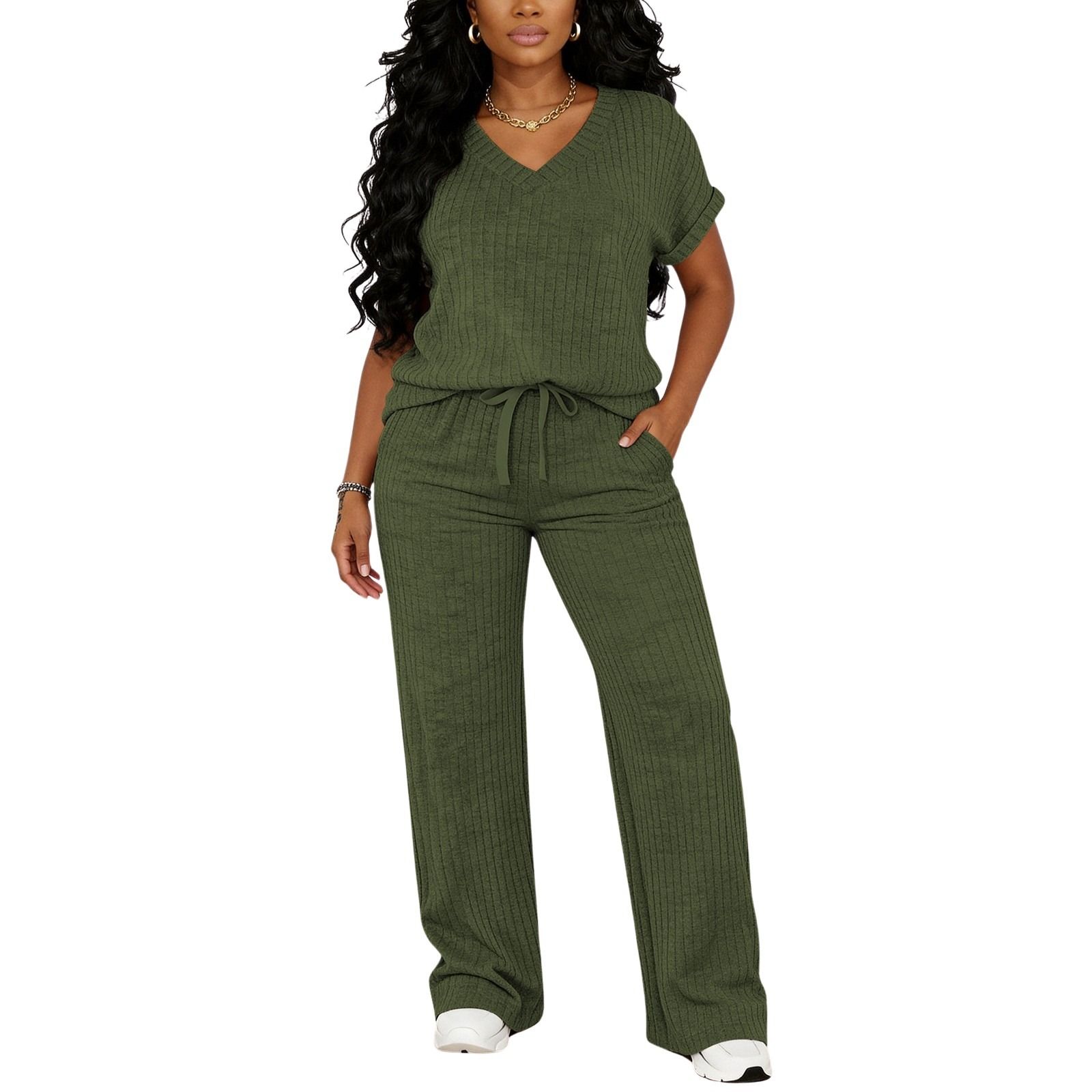 MOEENCN Women's Ultra-Soft Brushed Ribbed Knit 2-Piece Loungewear Set, V-Neck Top & High Waist Wide Leg Pants with Pockets for Lazy Days & Brunch summerwins Womenswear Clothes Suits MOEENCN Women's Ultra-Soft Brushed Ribbed Knit 2-Piece Loungewear Set, V-Neck Top & High Waist Wide Leg Pants with Pockets for Lazy Days & Brunch summerwins Womenswear Clothes Suits