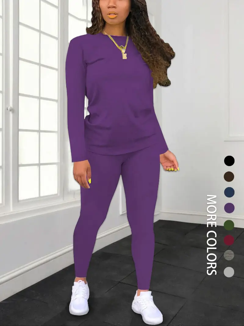 Women's Solid-Color Slim-Fit Long-Sleeve T-Shirt and Elastic-Waist Pants Set