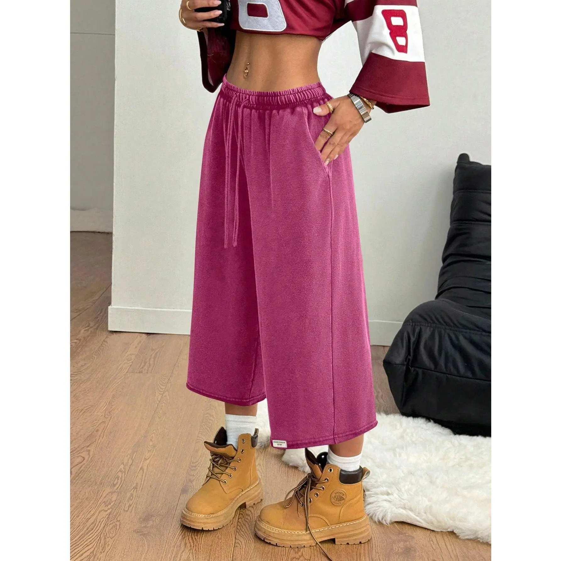 Drawstring Waist Workout Sweat Shorts Wide Leg Baggy Washed Cropped Pants with Pockets Drawstring Waist Workout Sweat Shorts Wide Leg Baggy Washed Cropped Pants with Pockets