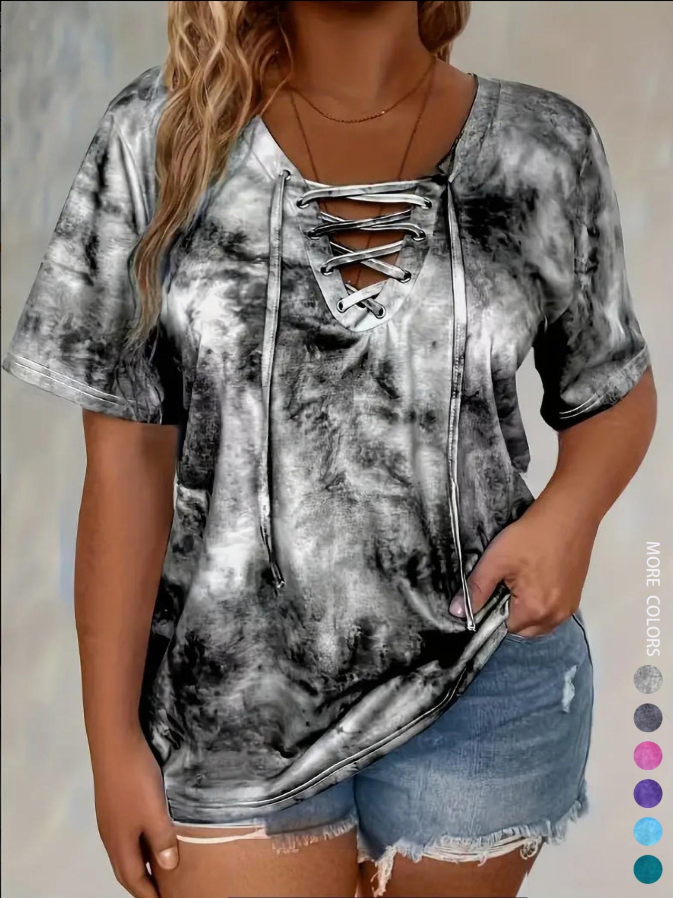 Women's Plus Size Tie Front V-Neck T-Shirt, Casual Stylish Tee, Casual Pattern Fitted Top, Comfortable Stretch Fabric Womenswear, Perfect for Daily Wear & Gifts, Everyday, Casual Streetwear Top, Casual Streetwear Look Women's Plus Size Tie Front V-Neck T-Shirt, Casual Stylish Tee, Casual Pattern Fitted Top, Comfortable Stretch Fabric Womenswear, Perfect for Daily Wear & Gifts, Everyday, Casual Streetwear Top, Casual Streetwear Look