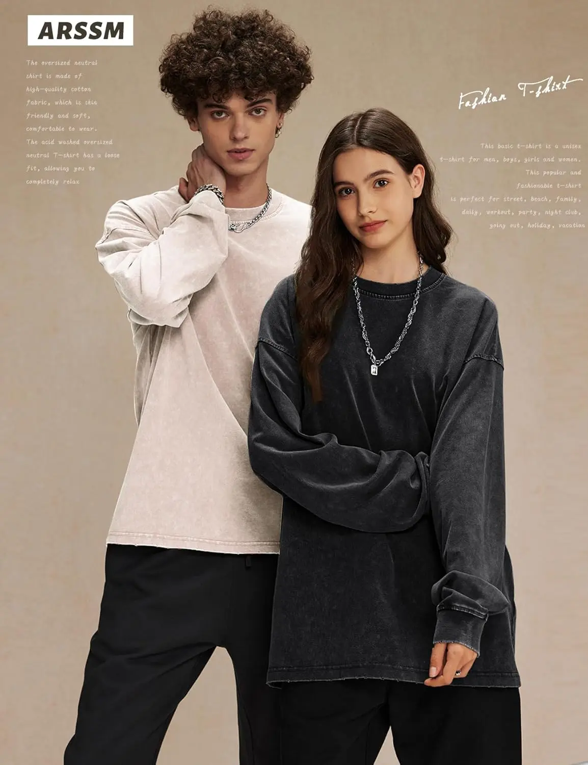 Unisex Long-Sleeve Acid-Wash Cotton T-Shirt
