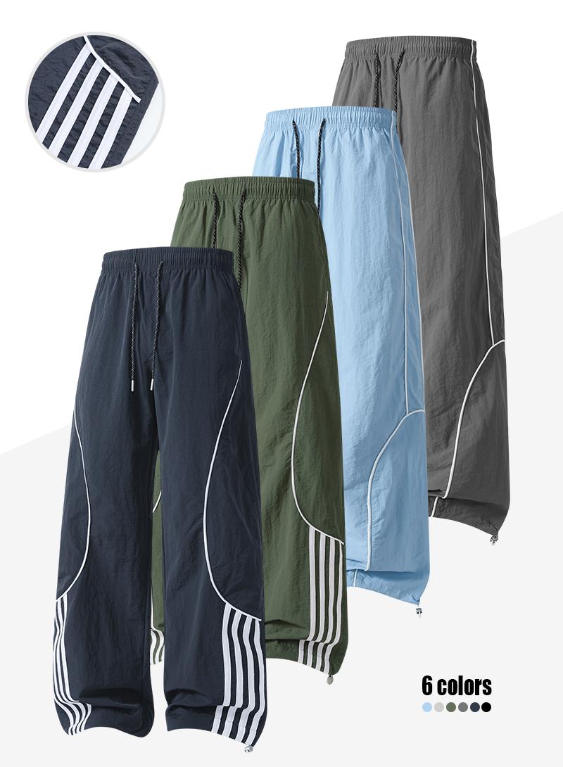 Men's Loose-Fit Wide-Leg Nylon Casual Pants - Printed Graphical Stripes, Drawstring Elastic Waist, Utility Pockets, Cool Breathable, All-Season Streetwear Clothing for Everyday Wear, Basketball, Wide-Leg Trousers