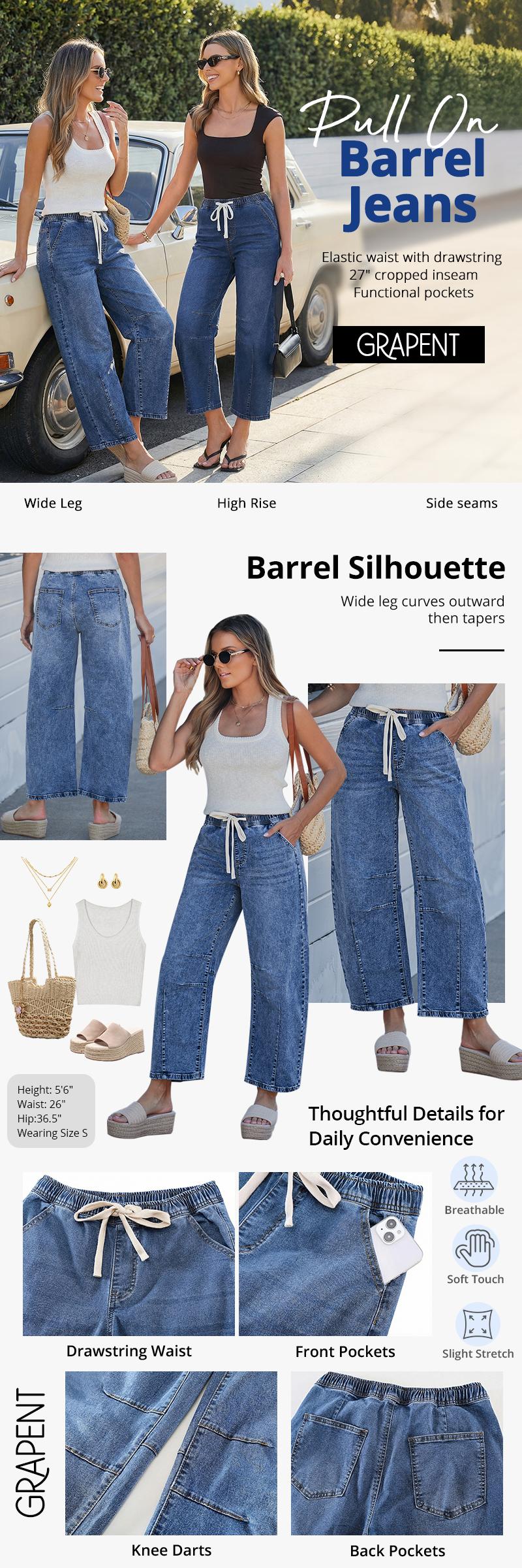 GRAPENT Women's Barrel Jeans, High-Rise Elastic Waist Cropped Wide Leg Jeans, Cotton Flex Magic Stretch Denim Pants for Daily Chill Wear, Cropped Flare Jeans,summerwins,summeroutfits,vacationoutfits,beachoutfits,back to school shopping backtoschool