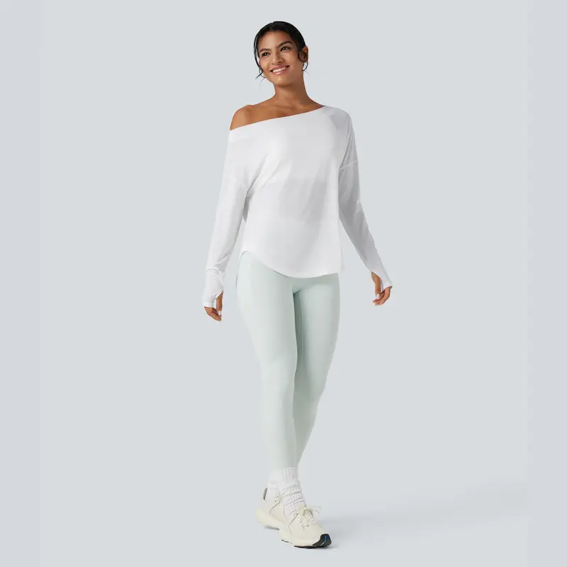 Women's One-Shoulder Long-Sleeve Yoga Sports Top — Built-in Bra