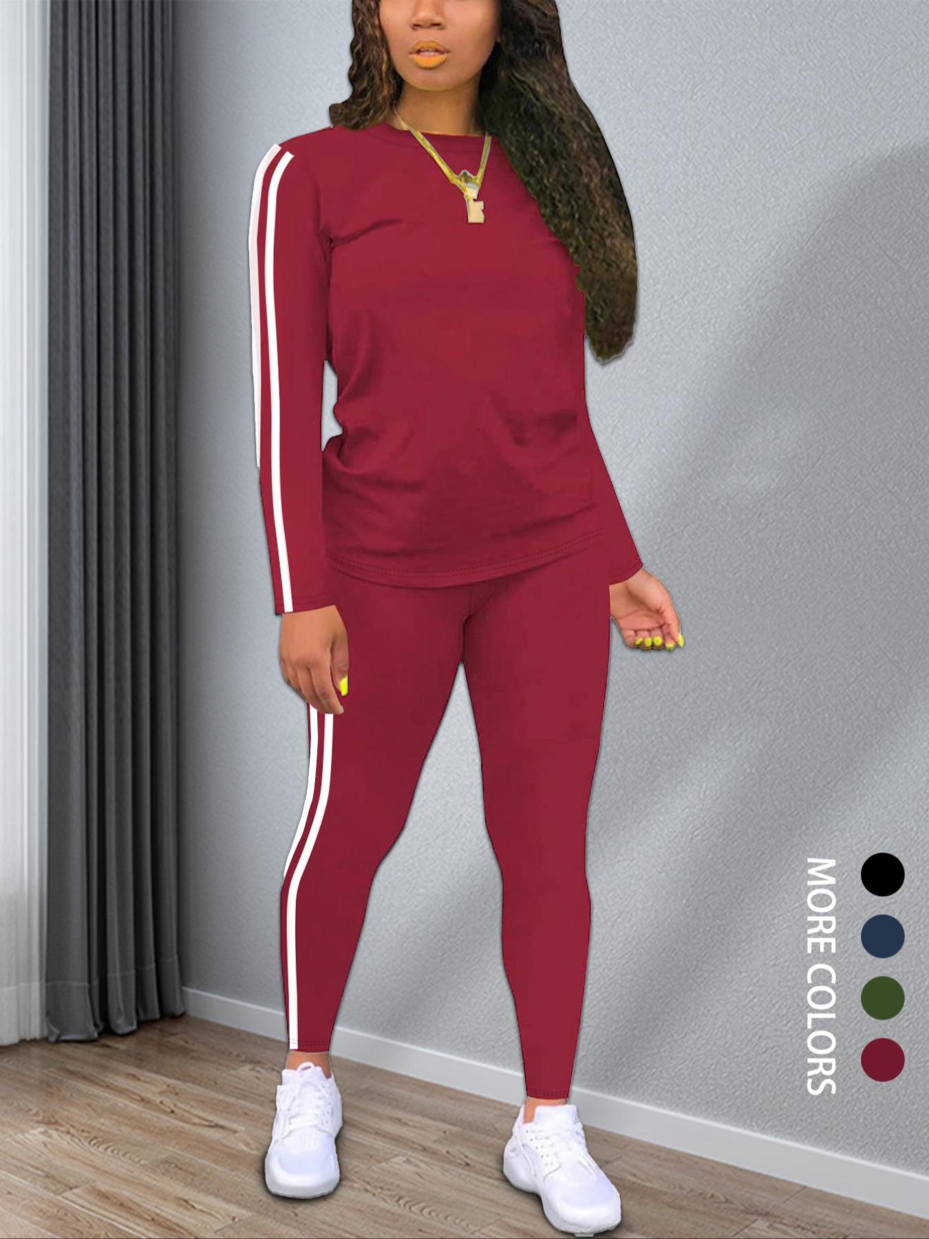Women's Striped Print Fitted Long Sleeve Knitted Top & Pants Two-piece Set, Casual Style Set Cozy Round Neck Top & Trousers for Daily Outdoor Wear, Ladies Clothes for Spring, Everyday Womenswear Sweater Pant Set Outfit Women's Striped Print Fitted Long Sleeve Knitted Top & Pants Two-piece Set, Casual Style Set Cozy Round Neck Top & Trousers for Daily Outdoor Wear, Ladies Clothes for Spring, Everyday Womenswear Sweater Pant Set Outfit