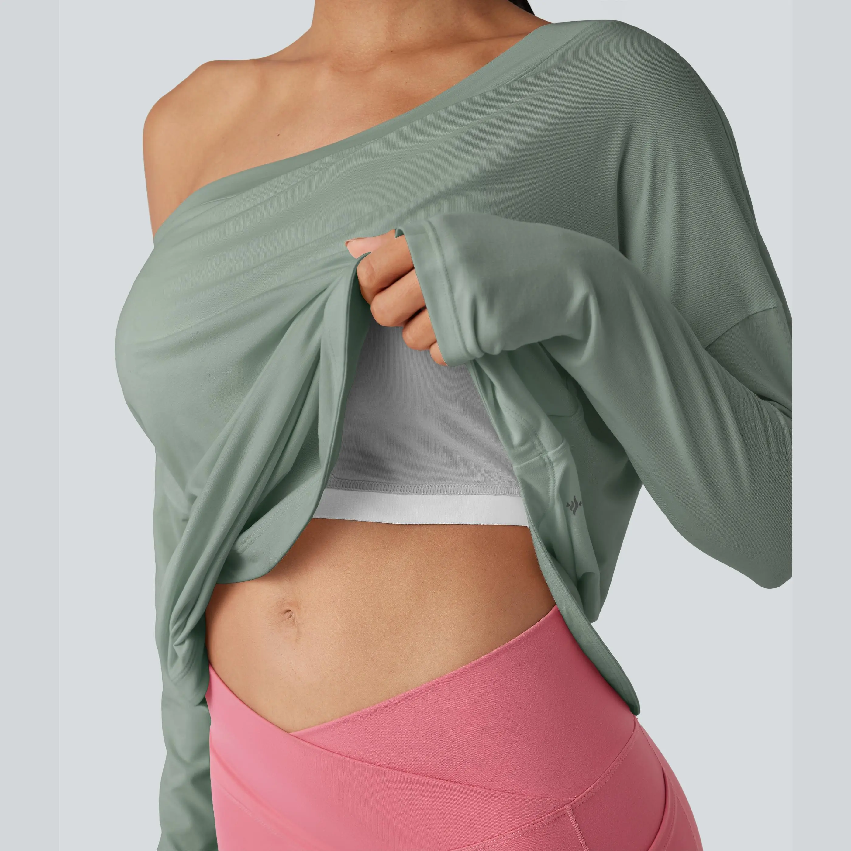 Women's One-Shoulder Long-Sleeve Yoga Sports Top — Built-in Bra