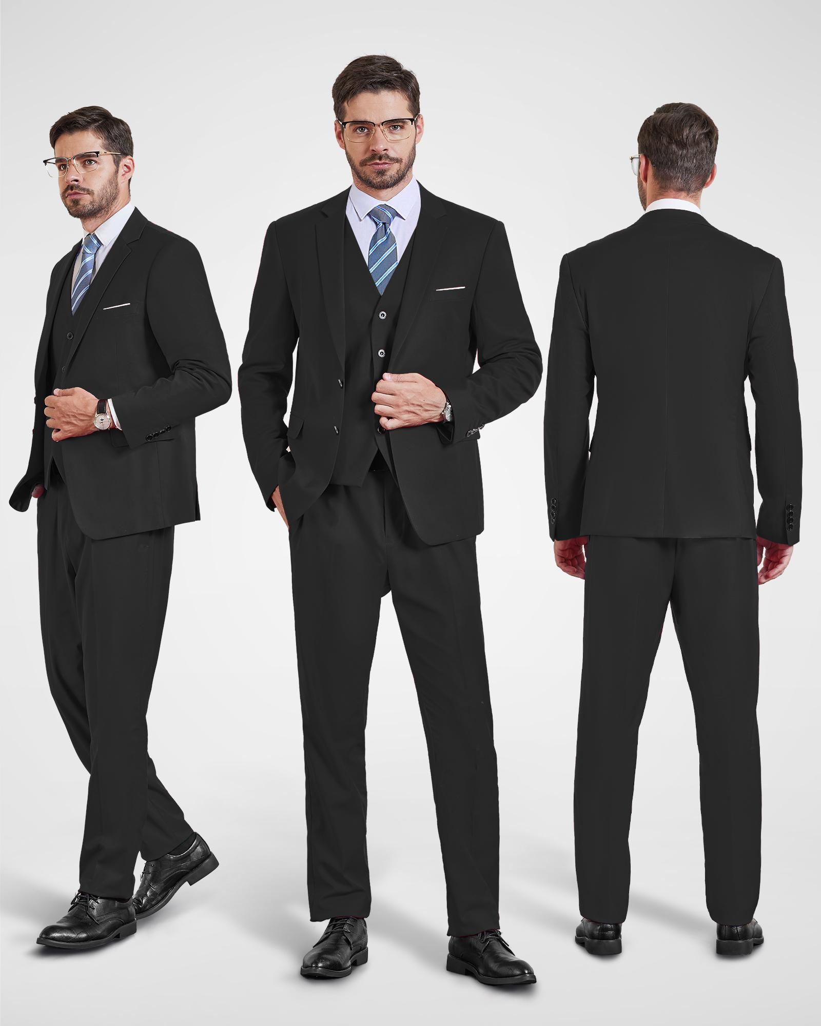 YND Men's 3-Piece Long Sleeve Formal Suit Set - Menswear Formal Wear Fashion Apparel Outfits with Vest, Pants, Tie for Wedding, Business Groom Tuxedo (Beige, Black)