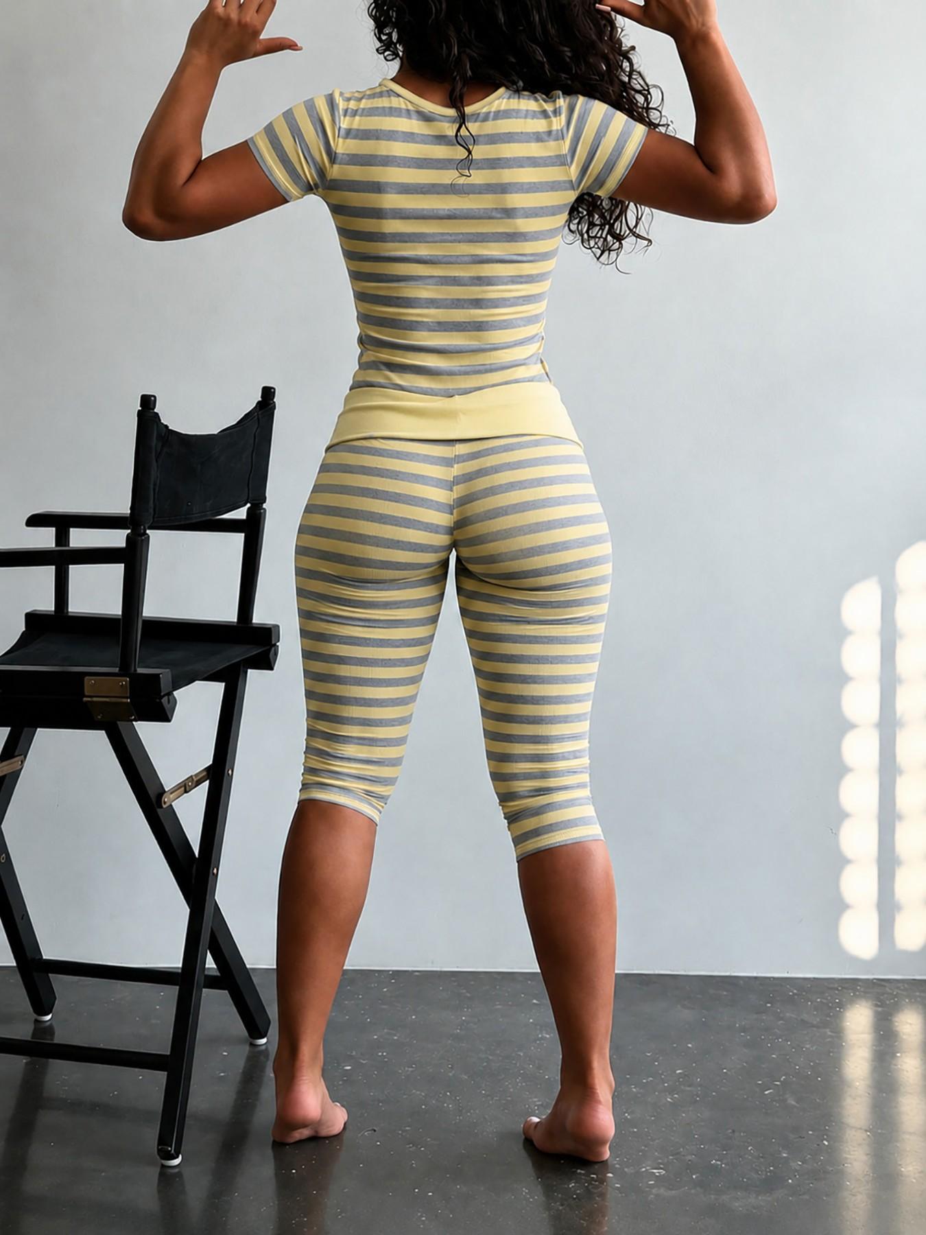 Yellow Grey Striped Two Piece Loungewear Set Crew Neck Short Sleeve Slim Crop Top High Waist Capri Leggings Stretch Fitted Matching Outfit ideal for home relaxation gym training grocery runs and casual everyday all season comfy outfits Multicolor Yellow Grey Striped Two Piece Loungewear Set Crew Neck Short Sleeve Slim Crop Top High Waist Capri Leggings Stretch Fitted Matching Outfit ideal for home relaxation gym training grocery runs and casual everyday all season comfy outfits Multicolor