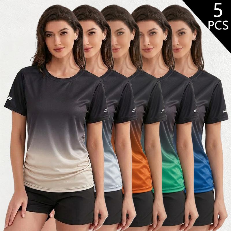 Pack of 5 women&rsquo;s casual athletic short-sleeve T-shirts featuring a gradient design; quick-drying and breathable for cool summer wear and sweat management during workouts; suitable for everyday exercise, running, cycling, and home activities.