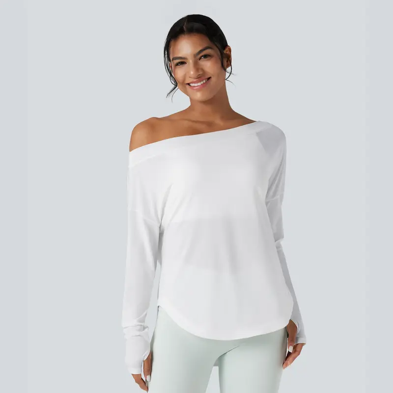 Women's One-Shoulder Long-Sleeve Yoga Sports Top — Built-in Bra