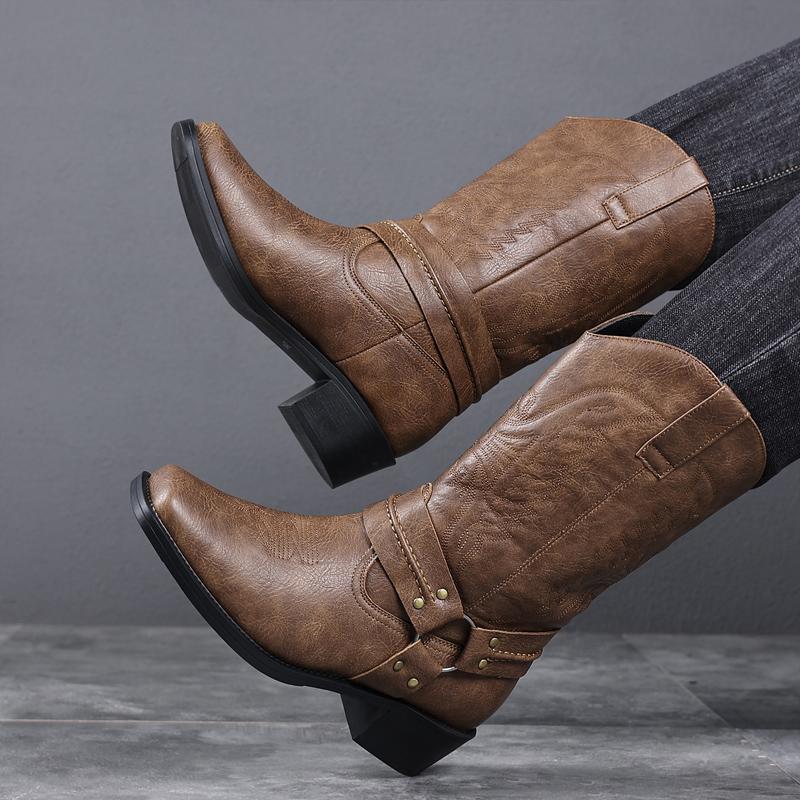 Men's Cowboy Style Footwear, Embossed PU Western Ankle Booties with Strap and Buckle, Low Heel Casual Walking Shoes, Ankle Strap