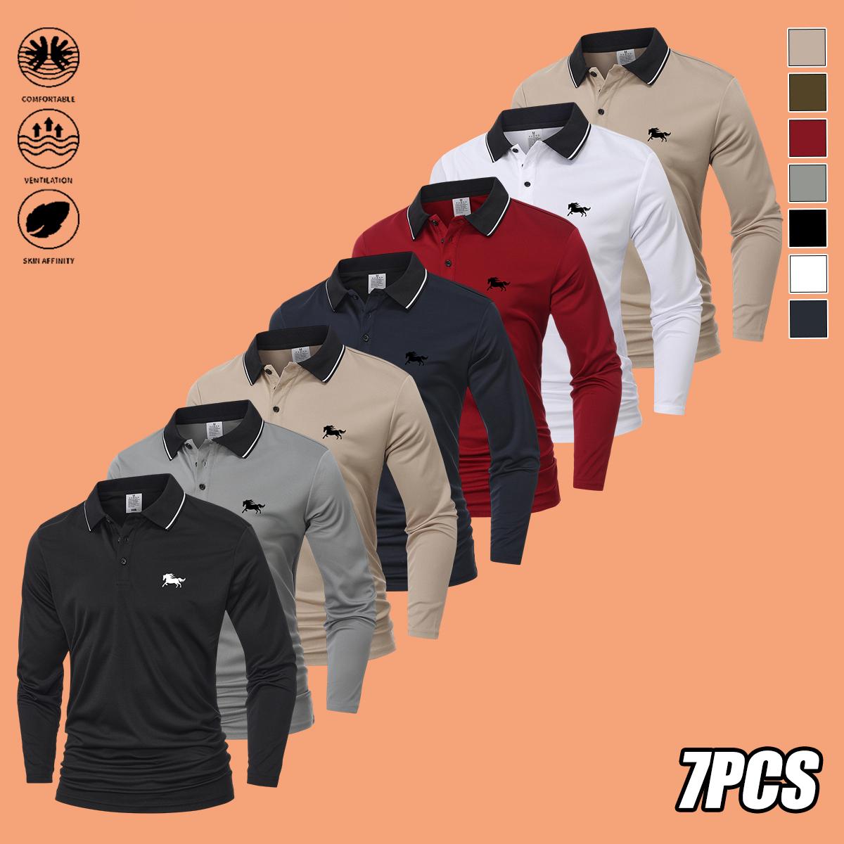 Men's 7-Pack Polyester Polo Shirts - Casual Long-Sleeve Clothes with Small Chest Horse Print, Contrasting Turn-Down Collar, for Spring/Autumn Golf & Outdoor Activities Men's 7-Pack Polyester Polo Shirts - Casual Long-Sleeve Clothes with Small Chest Horse Print, Contrasting Turn-Down Collar, for Spring/Autumn Golf & Outdoor Activities