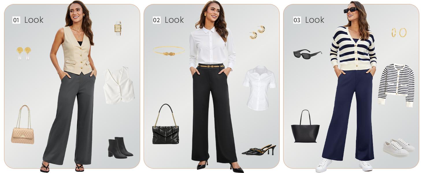 FireSwan Women's Wide Leg Dress Pants High Waisted Stretchy Work Trousers Business Casual Office Pull on Slacks with Pockets