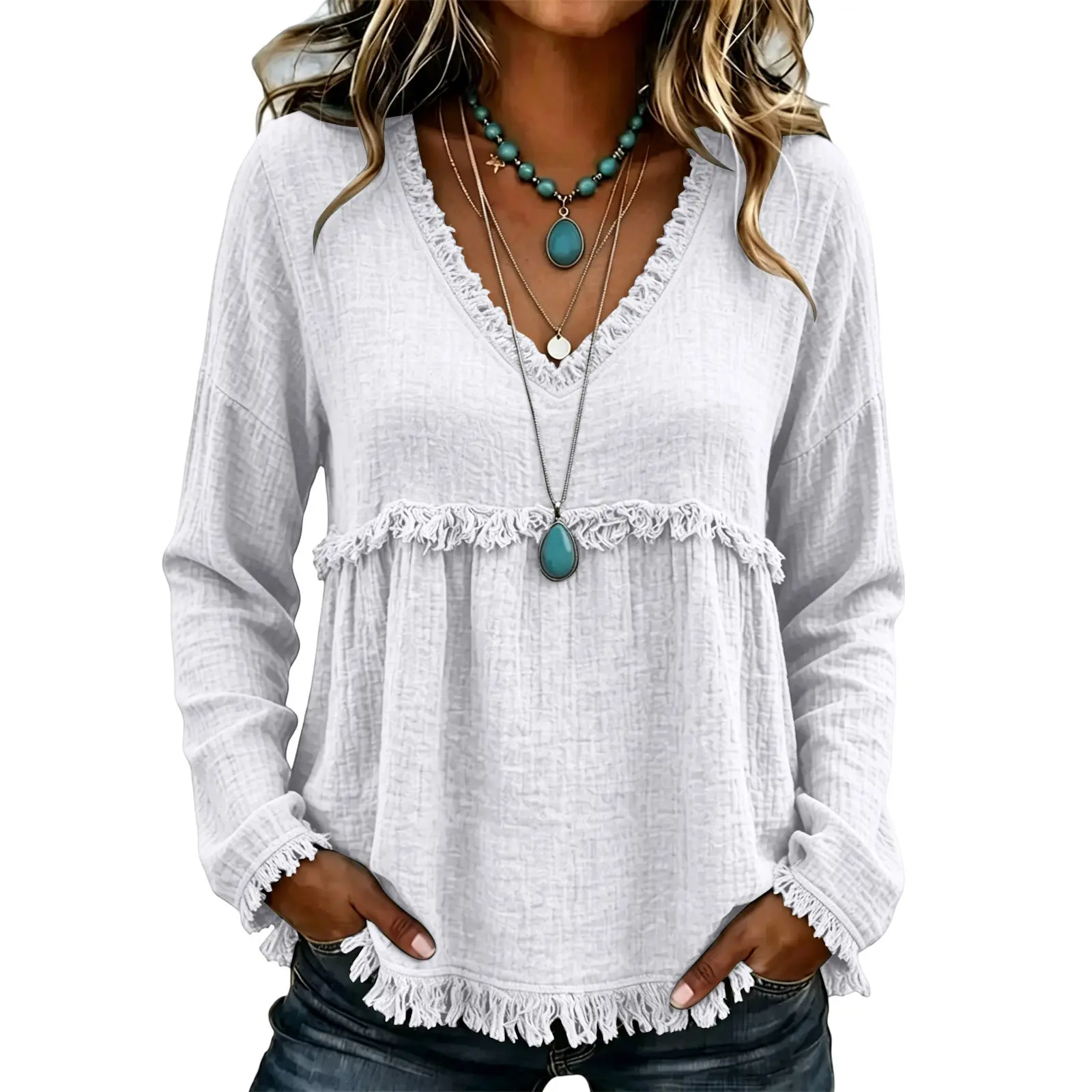 Women's Bohemian V-Neck Long-Sleeve Tassel Top