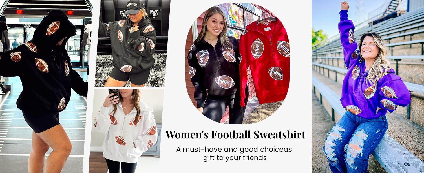 Ommig Women's Oversized Game Day Hoodie - Lady's Casual Longsleeves Top, Half-Zip Pullover with Sequins Football Print, Kangaroo Pocket, Women's Clothes Sweatshirt,summerwins
