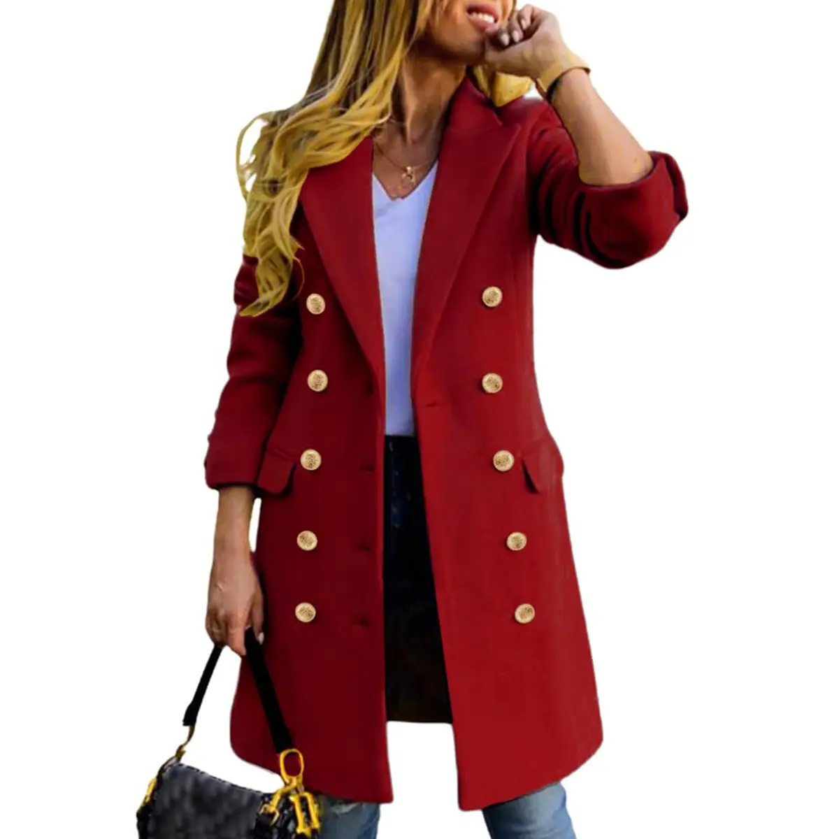 Women's Slim-Fit Double-Breasted Wool-Blend Mid-Length Coat