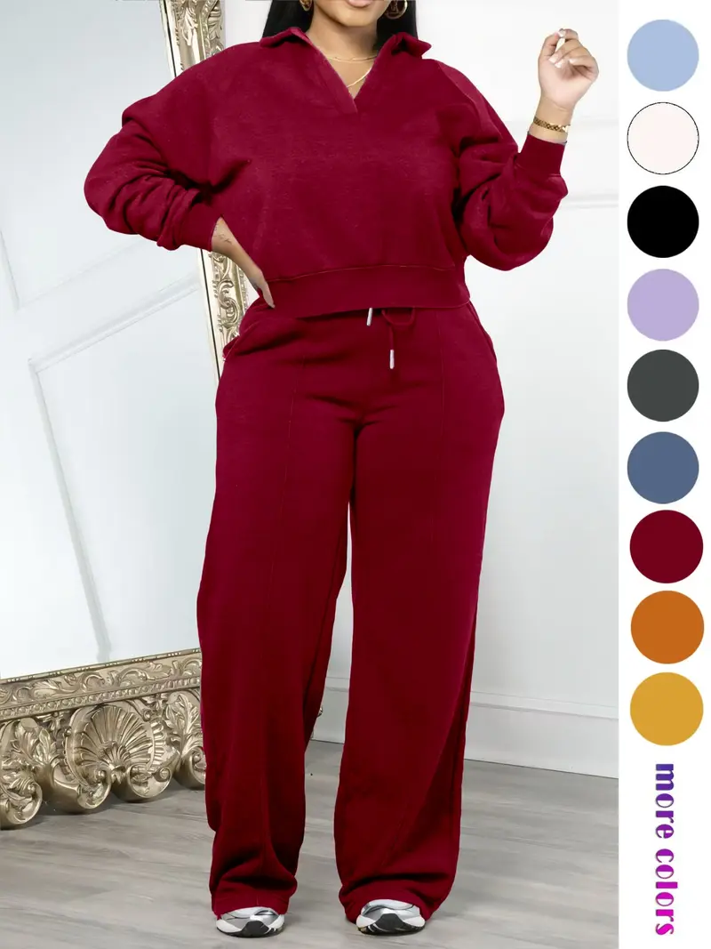Women's Solid-Color Long-Sleeve Sweatshirt and Drawstring Elastic-Waist Pants Set
