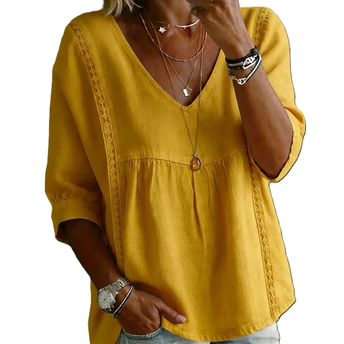 Stylish Loose-Fit V-Neck Lace Women's Top