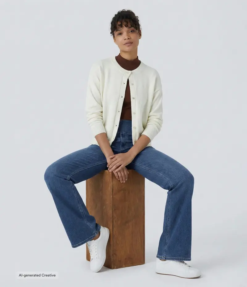 High-waisted, washed, casual slight-flare jeans with pockets