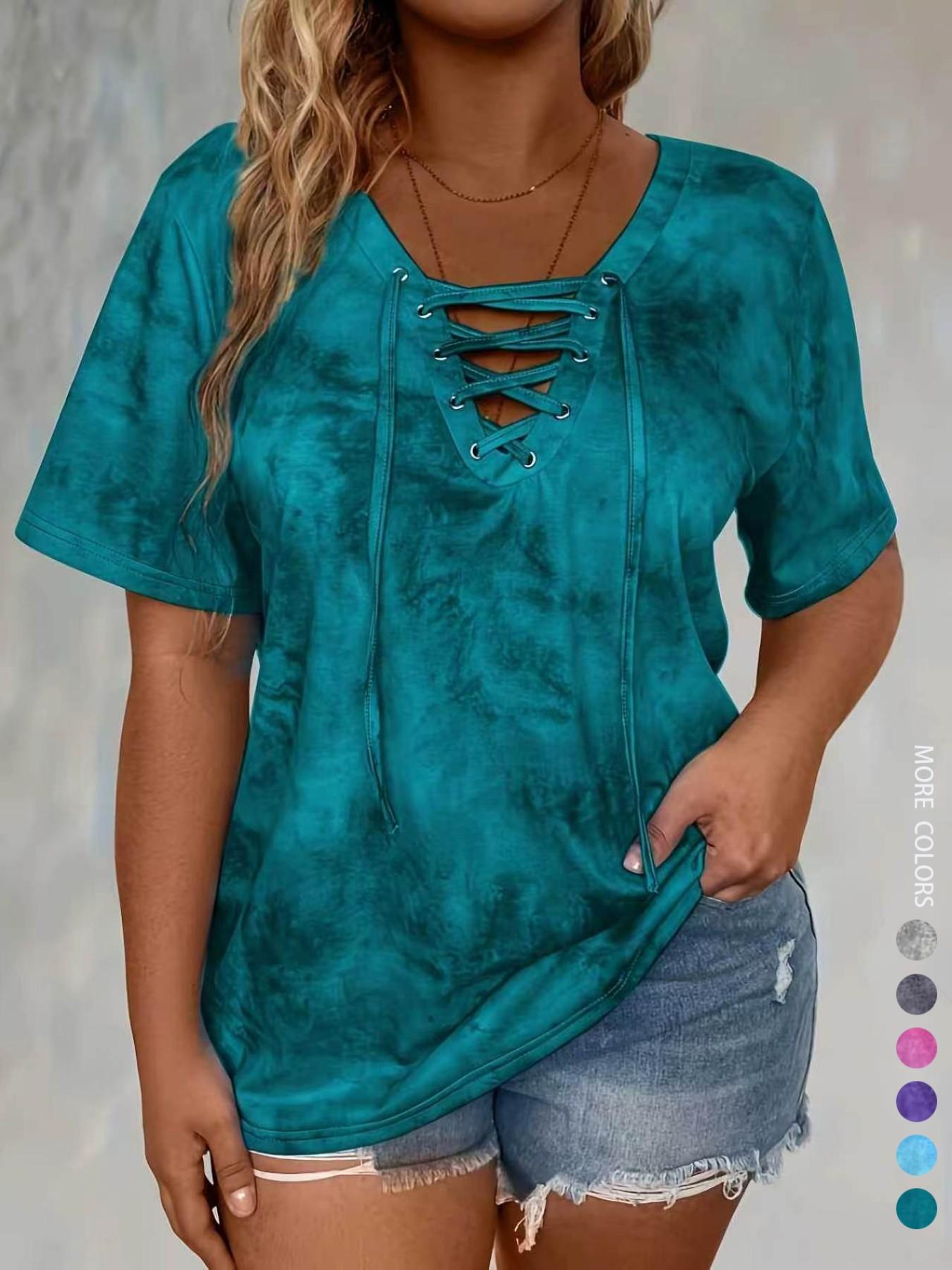 Women's Plus Size Tie Front V-Neck T-Shirt, Casual Stylish Tee, Casual Pattern Fitted Top, Comfortable Stretch Fabric Womenswear, Perfect for Daily Wear & Gifts, Everyday, Casual Streetwear Top, Casual Streetwear Look Women's Plus Size Tie Front V-Neck T-Shirt, Casual Stylish Tee, Casual Pattern Fitted Top, Comfortable Stretch Fabric Womenswear, Perfect for Daily Wear & Gifts, Everyday, Casual Streetwear Top, Casual Streetwear Look