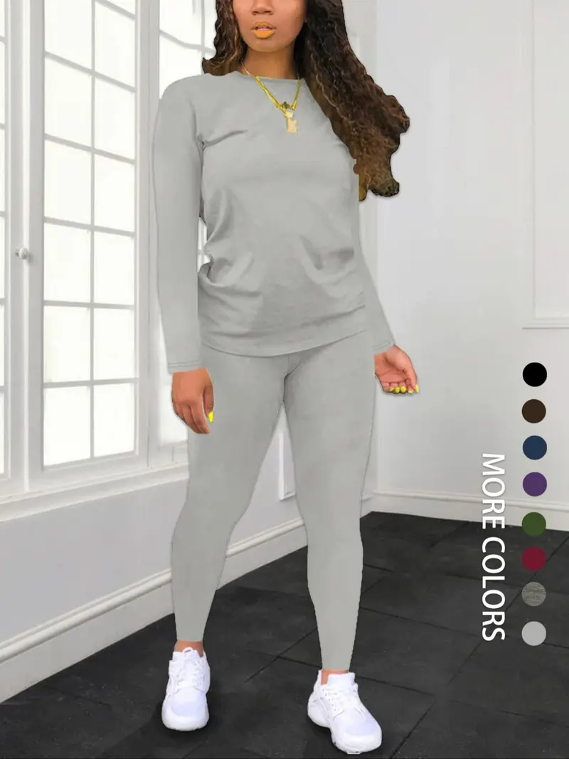 Women's Solid-Color Slim-Fit Long-Sleeve T-Shirt and Elastic-Waist Pants Set
