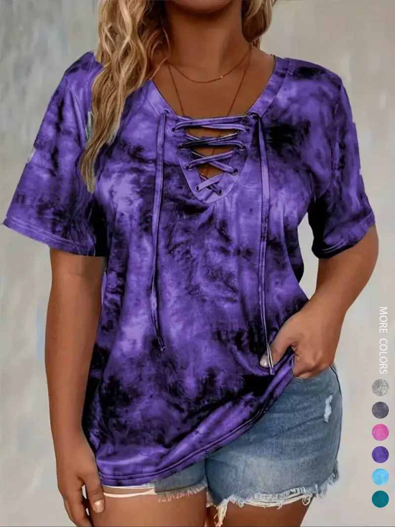 Women's Plus-Size Front-Lace-Up V-Neck T-Shirt
