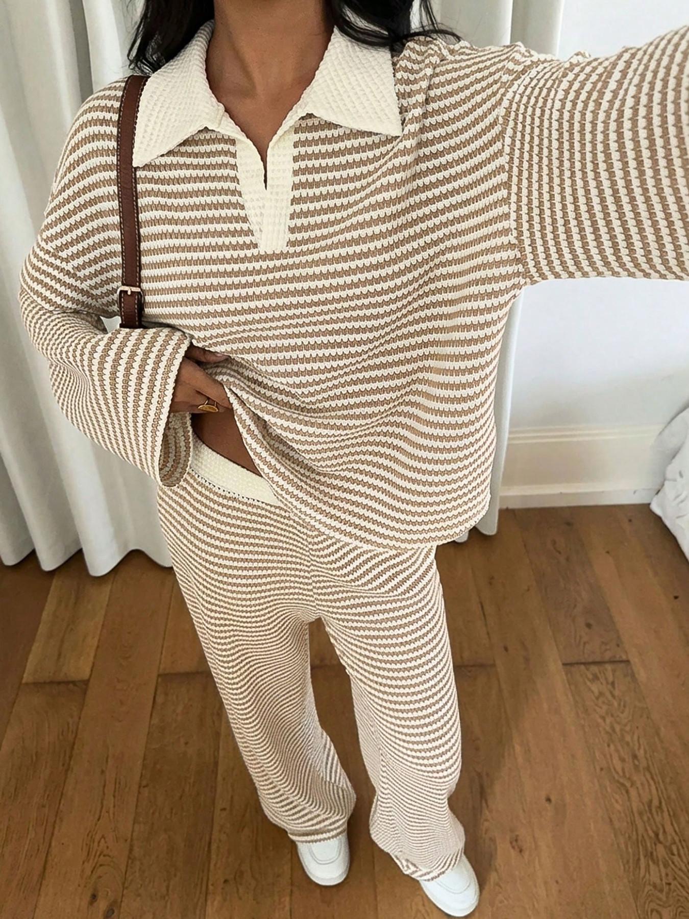 Women's 2pcs Set Loose Striped V-Neck Drop Shoulder Long Sleeve T-Shirt &Elastic Waist Striped Pants, Brown, Casual Sets For Women, Pajamas Set, Loungewear, Casual Sets For Women Brown Two Piece Set Women