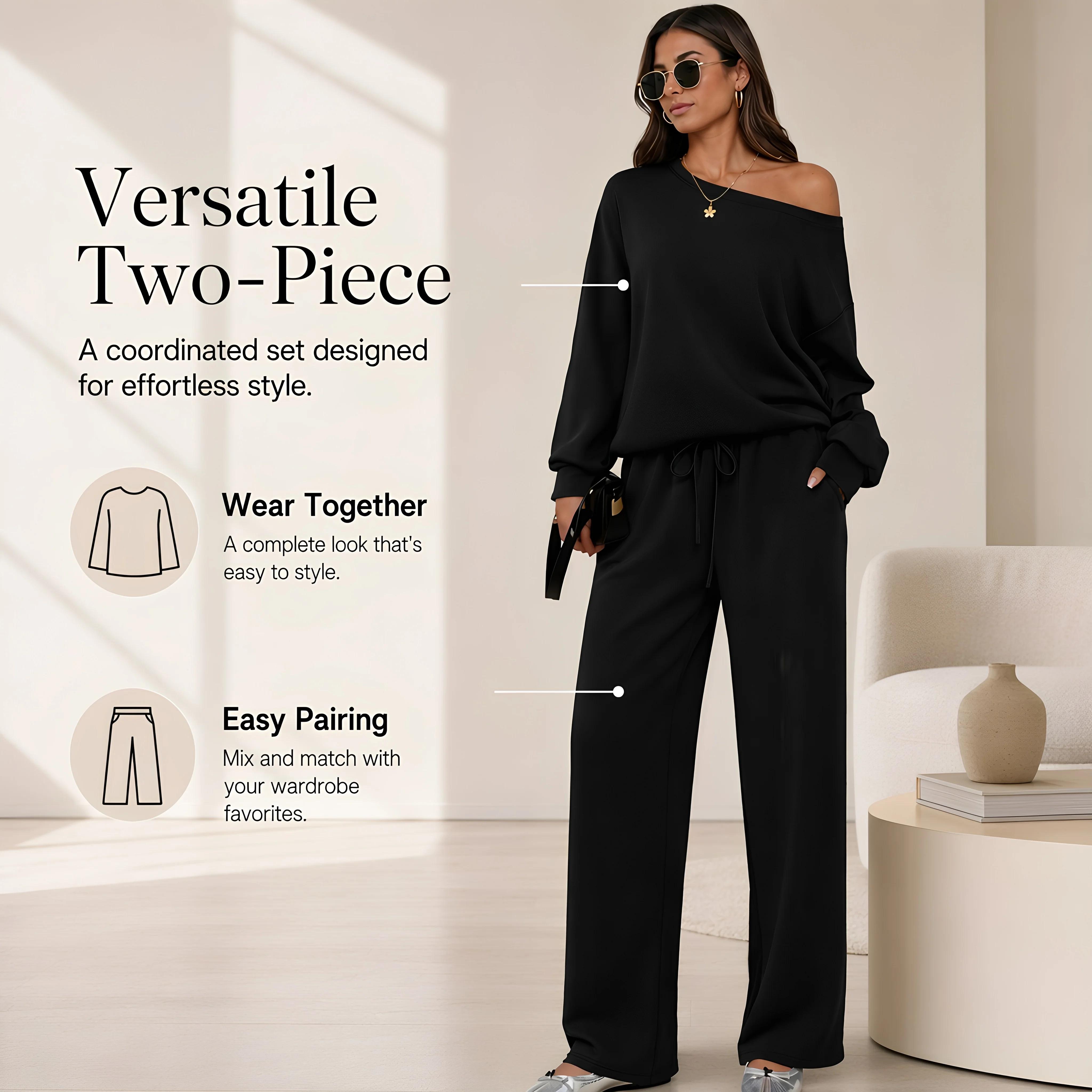 Women's 2026 Autumn Basic Loose Fit Leisure Solid Color Sloping Shoulder Long-Sleeve Full-Sleeve Scoop Neck Co-ord Set & Separates, Regular Wide Leg Trousers Casual Outfits, Longsleeves