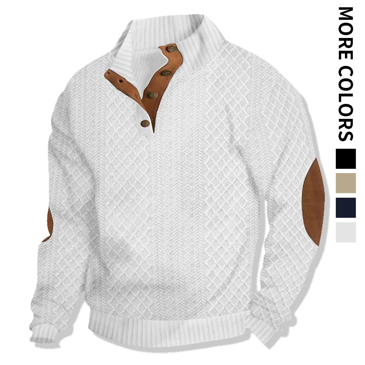 Men's 3-Pcs Jacquard Stand Collar Henley Tops - Menswear, Longsleeves, Neckline Button, Minimalist Street Sporty Chic Casual Chic Sweatshirt, Casual Wear