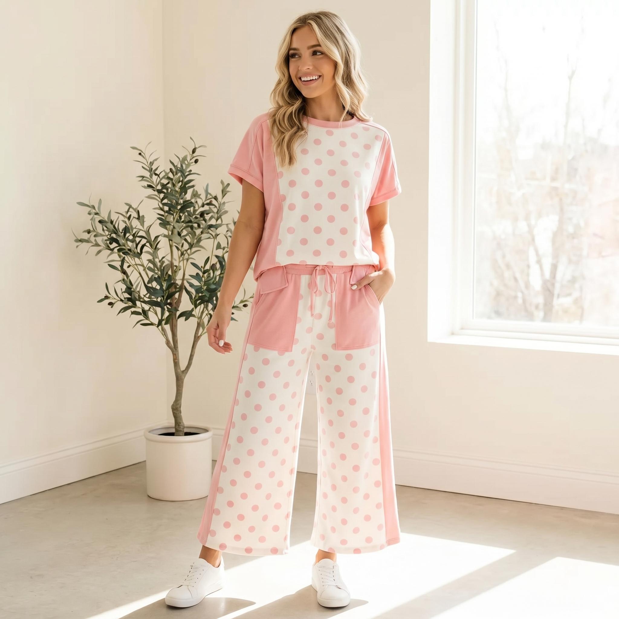 Women's Lounge Set | Cute 2-Piece Trendy Clothing Sets with a Color Block Polka Dot Crew Neck Tshirt and Wide Leg Drawstring Pants, 2 Piece Sets Women's Lounge Set | Cute 2-Piece Trendy Clothing Sets with a Color Block Polka Dot Crew Neck Tshirt and Wide Leg Drawstring Pants, 2 Piece Sets