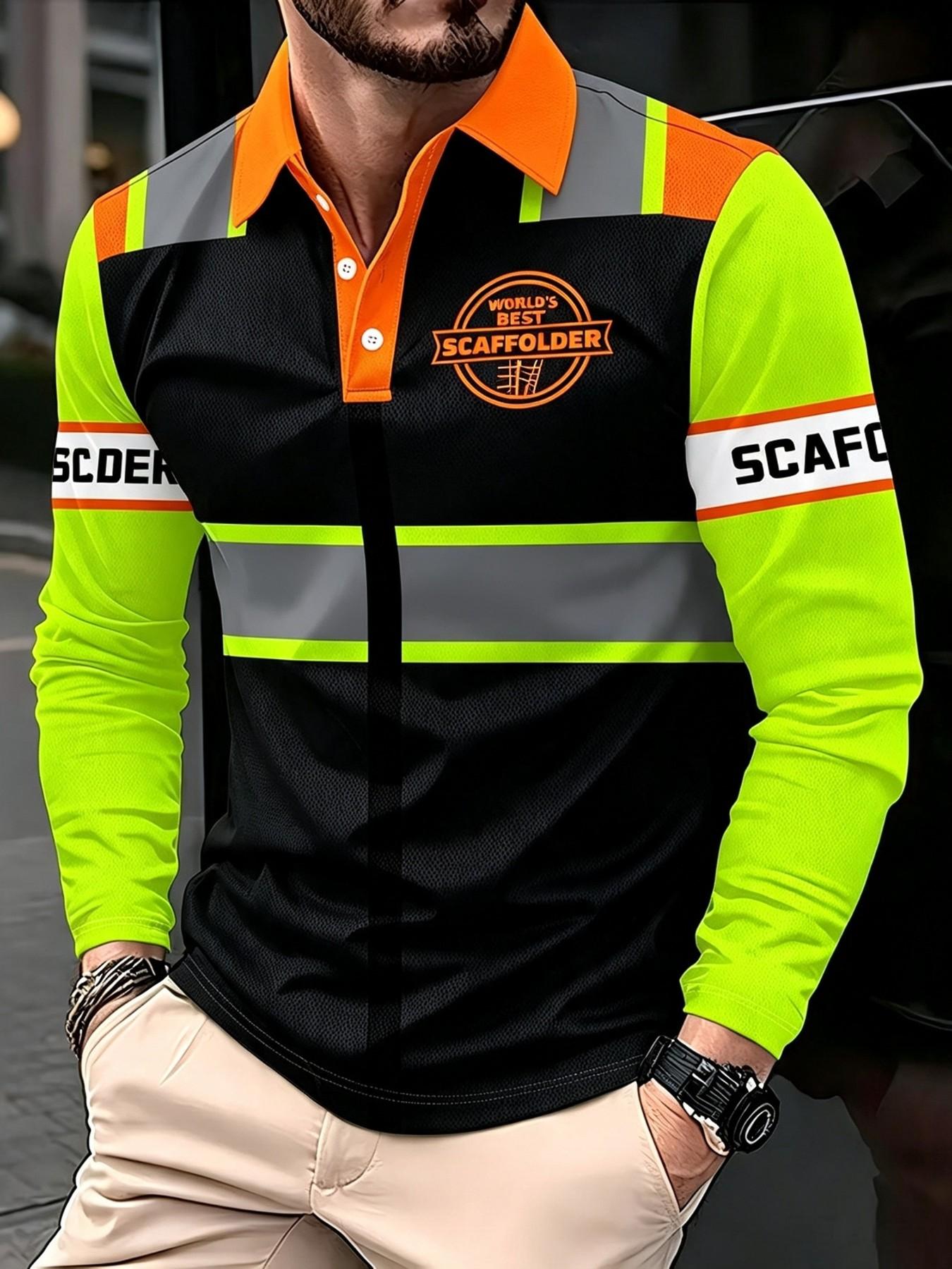 Men's Long‑Sleeve Safety‑Style Polo Shirt with Fluorescent Stripes, Casual Graphic, Loose‑Fitting, Spring & Fall Wear Men's Long‑Sleeve Safety‑Style Polo Shirt with Fluorescent Stripes, Casual Graphic, Loose‑Fitting, Spring & Fall Wear