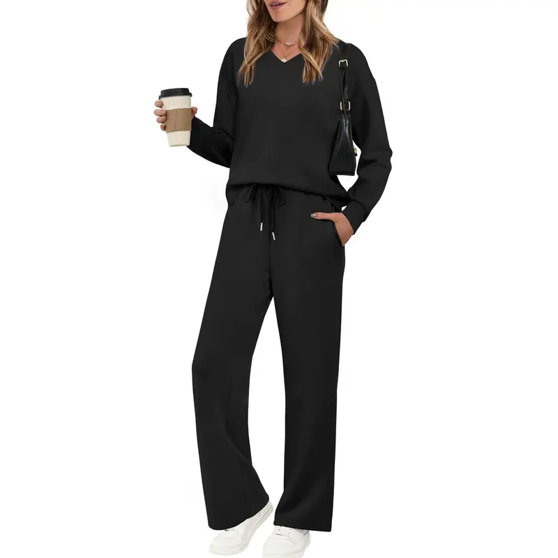 Women's Casual Two-Piece Set (V-Neck Top + Wide-Leg Pants)