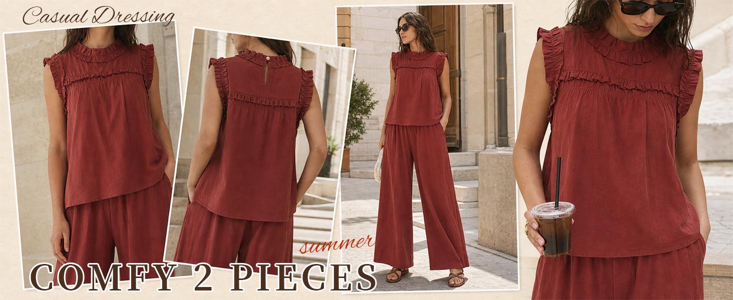 Tanming Women's 2-Piece Cotton Linen Set, Chic Casual Summer Loungewear with Loose-Fit Round Neck Sleeveless Ruffle Top and Wide Leg Pants, Casuallook, Basic