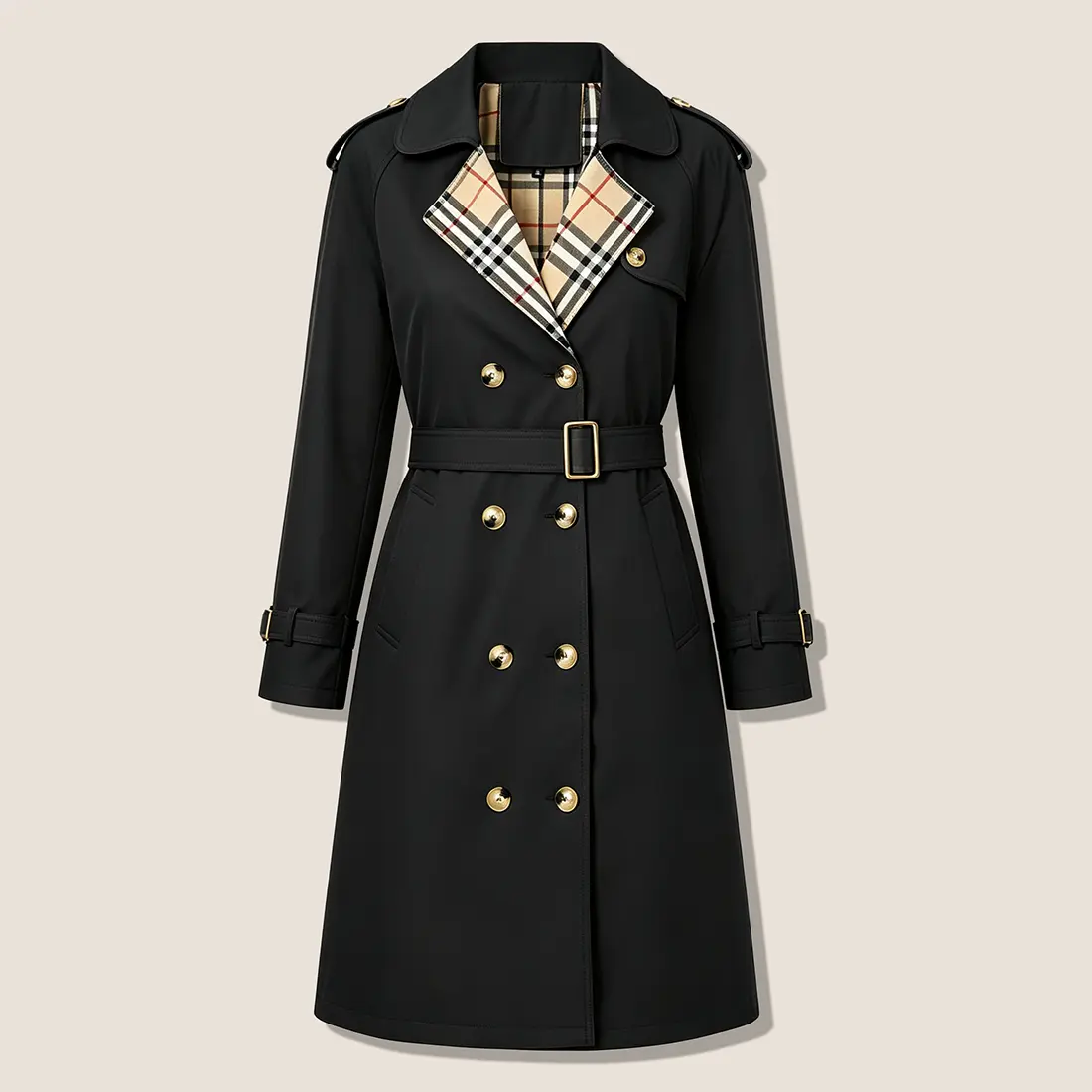 Women’s Trench Coat, Double-Breasted, Plaid Lining