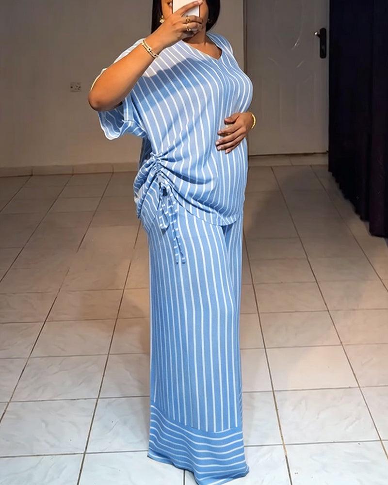 Summer new striped loose fashion casual women's V-neck thin and drape wide-leg pants suit Summer new striped loose fashion casual women's V-neck thin and drape wide-leg pants suit