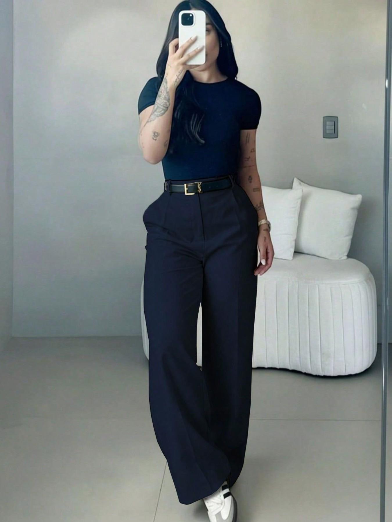 Women's High-Waisted Suit Pants, Loose Straight Leg, Flowy Drape Long Trousers, Versatile Daily Wear, Casual, Office Style, Slimming Effect, Fit