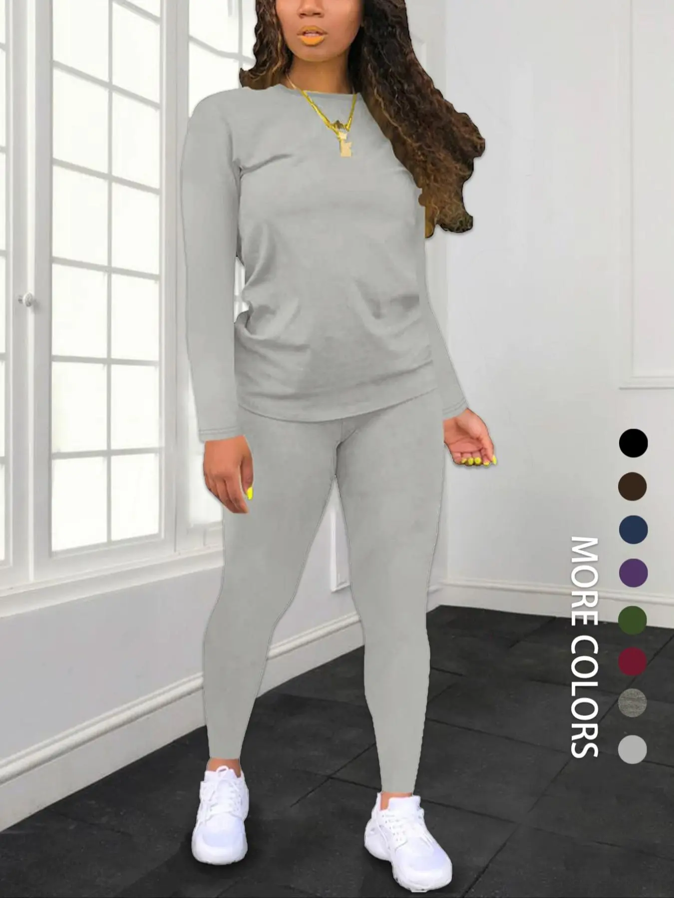 Women's Solid Basic Fitted Long Sleeve Tee & Elastic Waist Pants Set, Casual Round Neck Top & Trousers for Spring & Fall, Women's Clothing for Daily Wear, Womenswear Women's Solid Basic Fitted Long Sleeve Tee & Elastic Waist Pants Set, Casual Round Neck Top & Trousers for Spring & Fall, Women's Clothing for Daily Wear, Womenswear