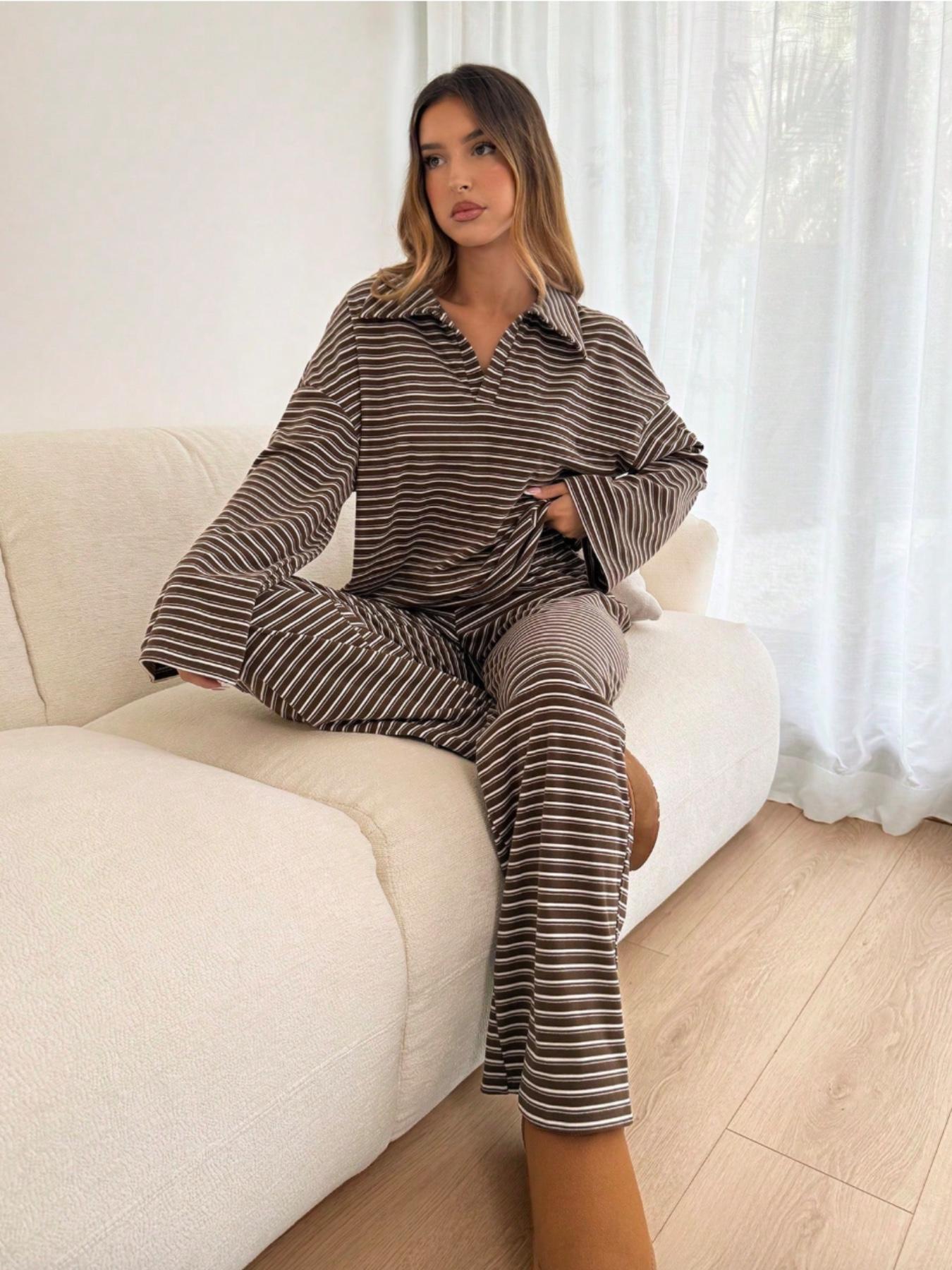 Women's 2pcs Set Loose Striped V-Neck Drop Shoulder Long Sleeve T-Shirt &Elastic Waist Striped Pants, Brown, Casual Sets For Women, Pajamas Set, Loungewear, Casual Sets For Women Brown Two Piece Set Women
