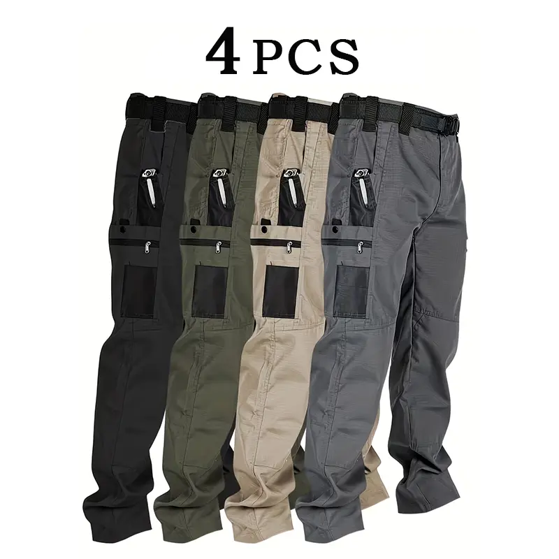 Men's tactical cargo pants featuring multiple pockets and zipper details.