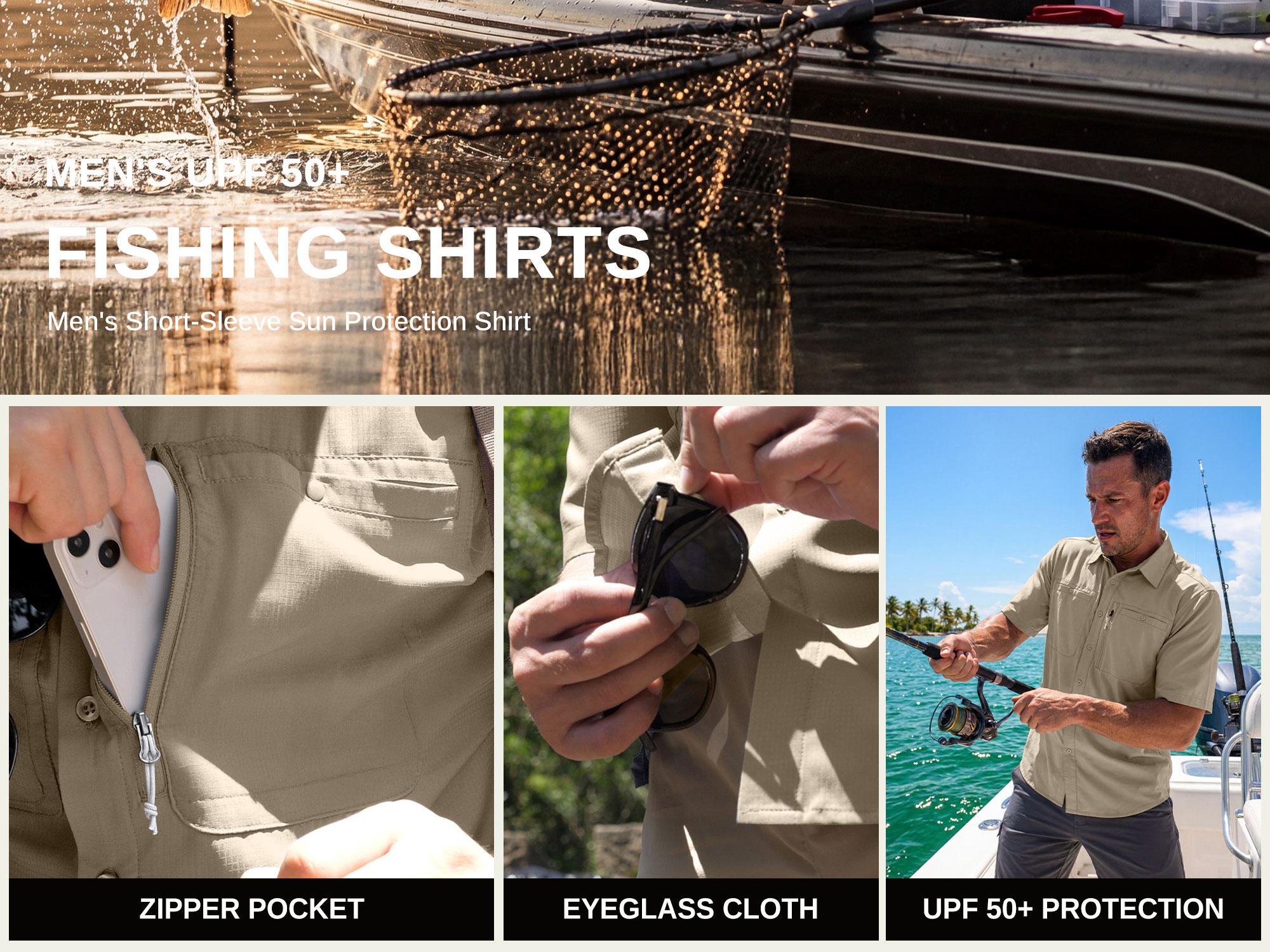 G Gradual Men's Casual Outdoor Button-Down Fishing Top - UPF 50+ Lightweight Cool Short-Sleeve, Zipper Pockets, Machine Wash for Hiking/Light Outdoor Sports