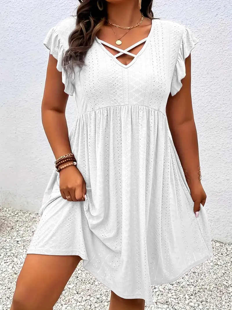 [Plus Size] Solid-Color Cut-Out V-Neck Dress