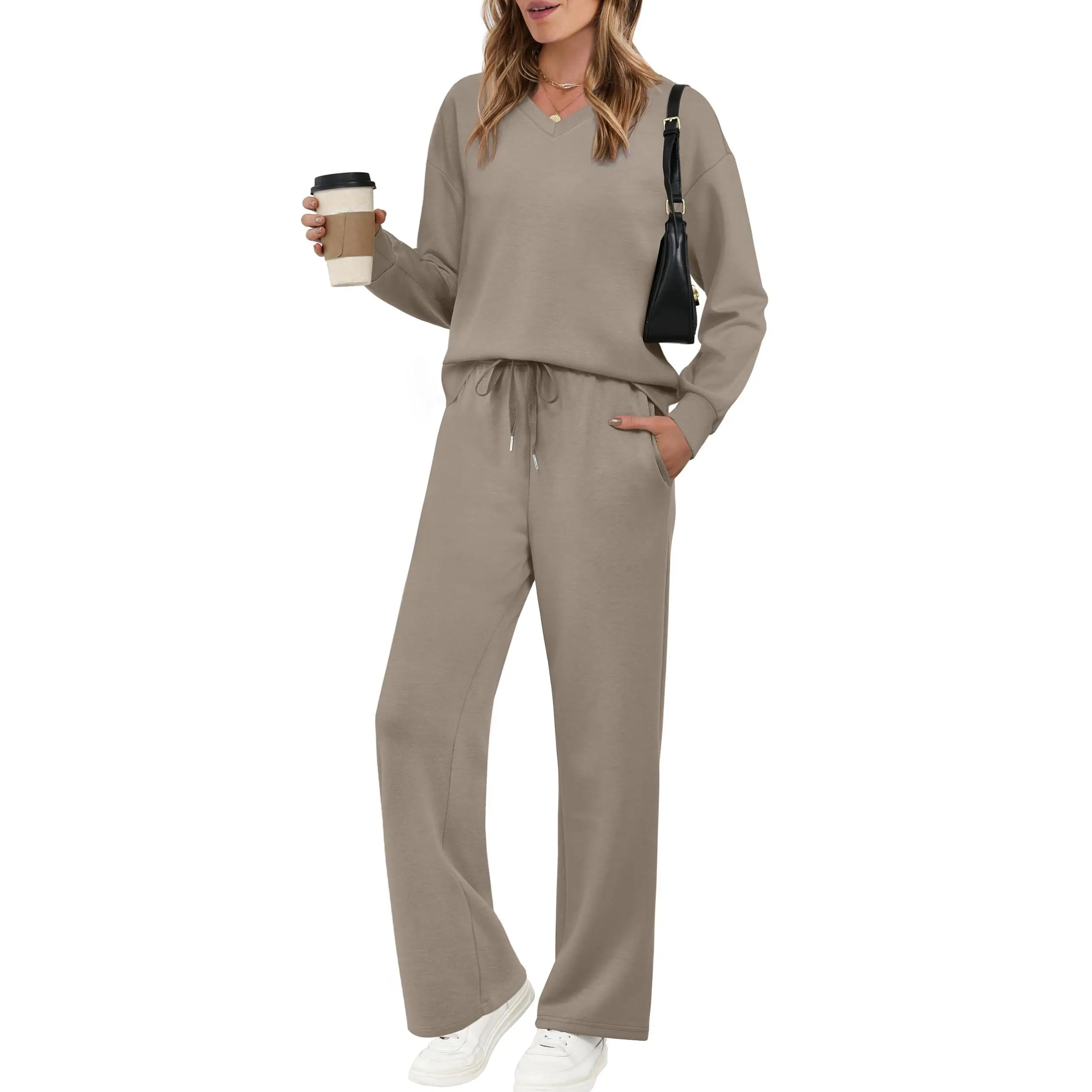 Women's Casual Two-Piece Set (V-Neck Top + Wide-Leg Pants)