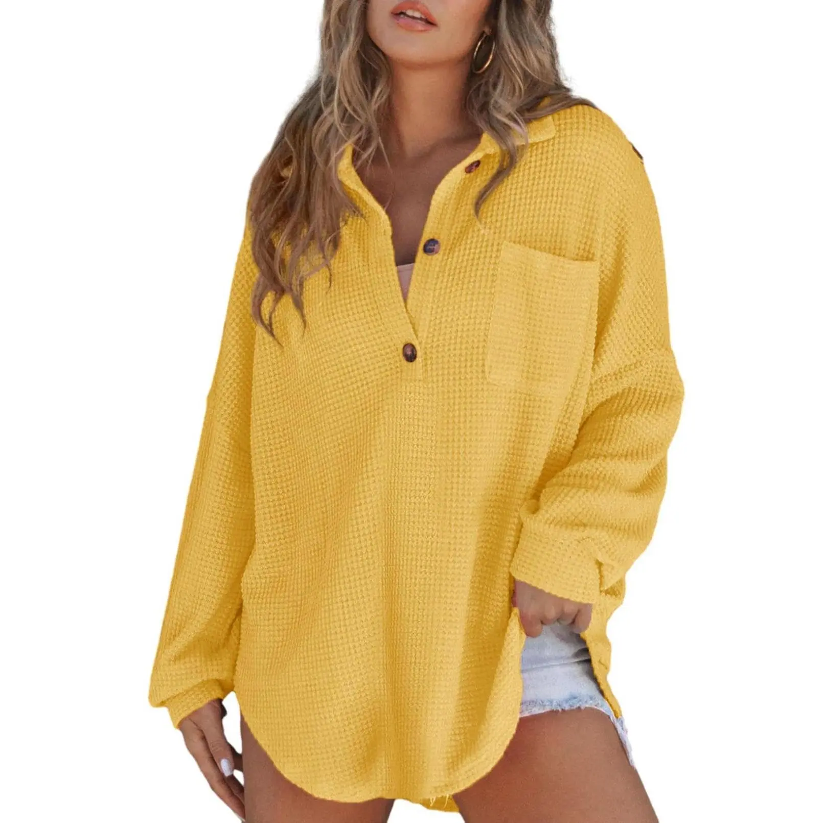 Women's Relaxed-Fit Waffle-Knit Henley Shirt