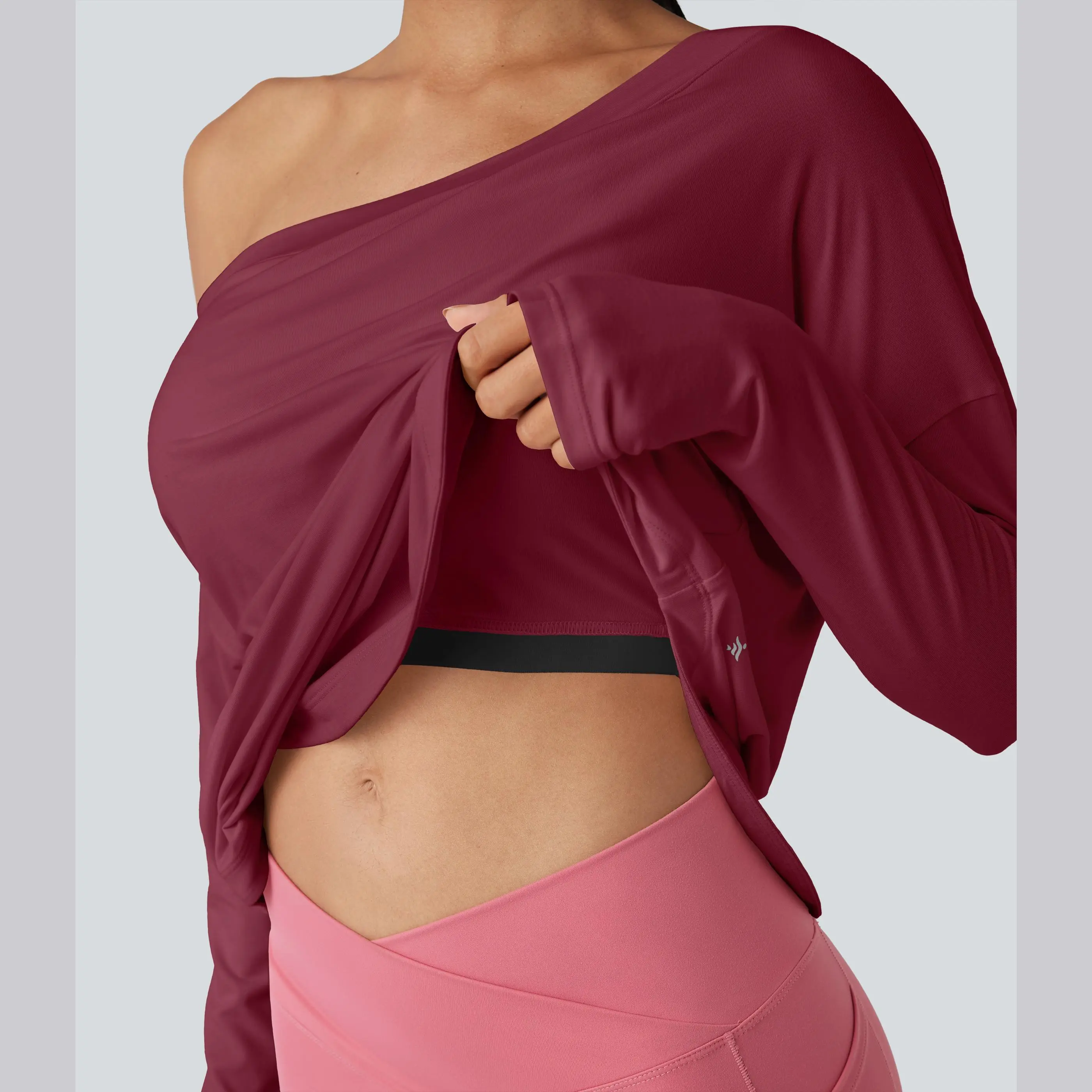 Women's One-Shoulder Long-Sleeve Yoga Sports Top — Built-in Bra