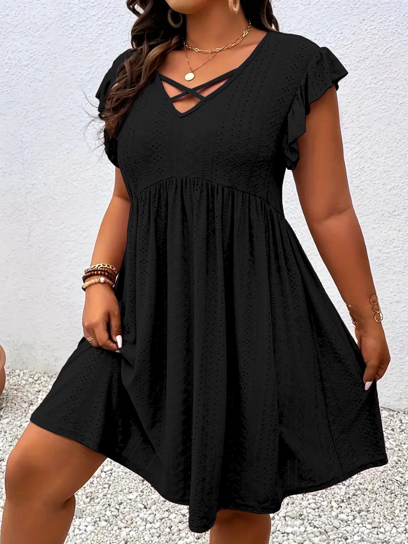 [Plus Size] Solid Color Hollow Out Vneck Dress, Casual Chic Dress, Casual Fashionable Dress for Summer, Women's Plus Clothing for Daily Wear, Womenswear